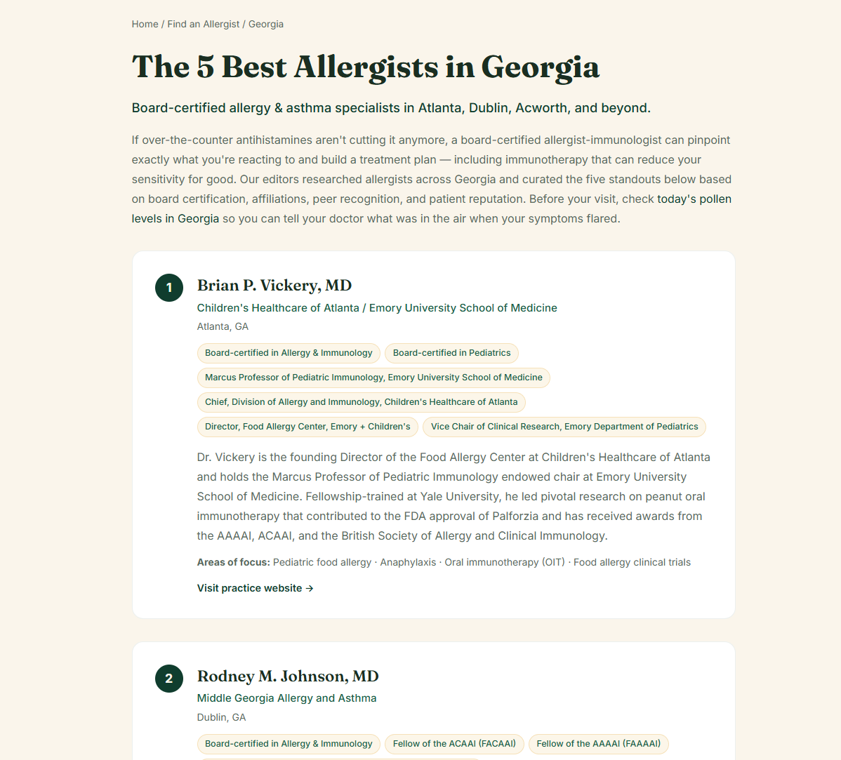 MyPollenPal allergist directory: the five best board-certified allergists in Georgia, hand-picked.