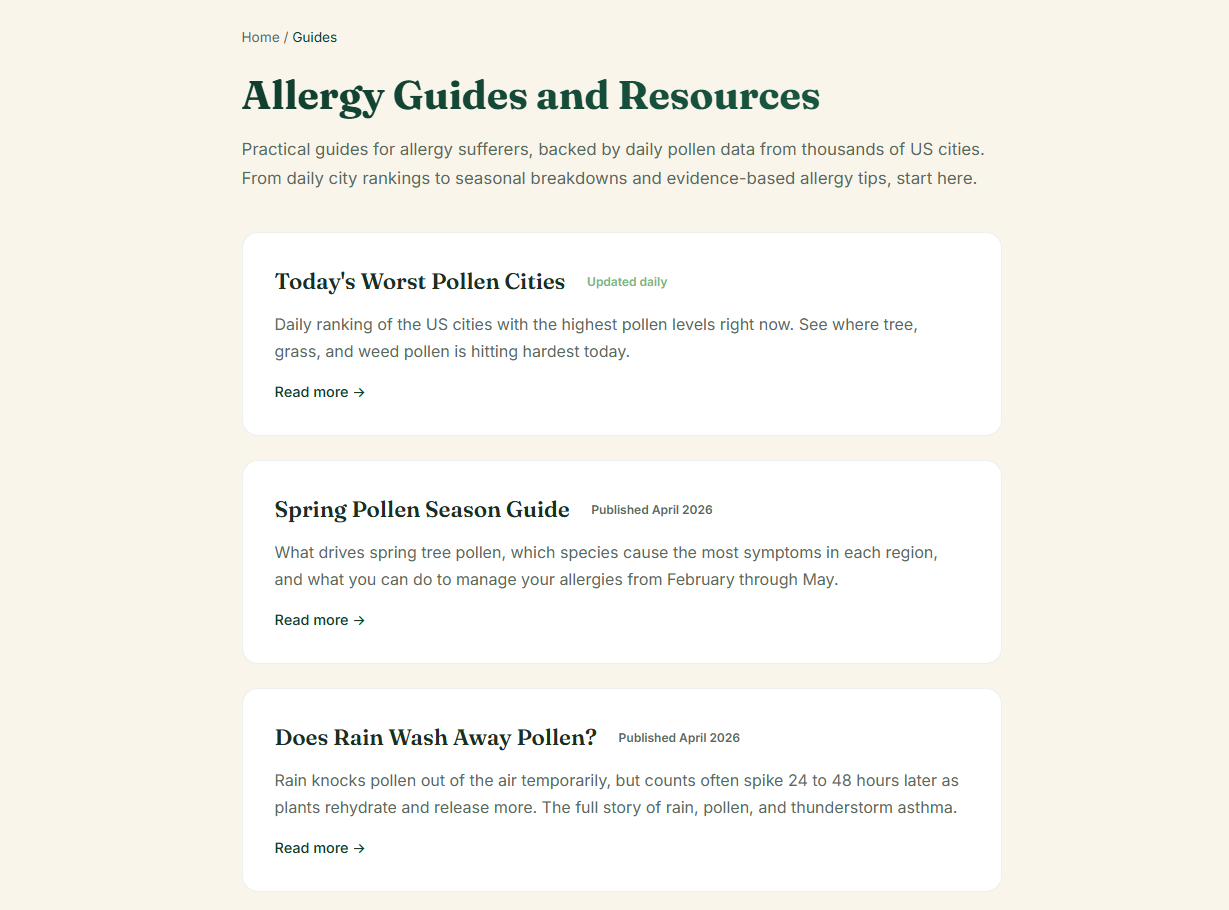 MyPollenPal allergy guides and resources page with seasonal breakdowns and daily city rankings.
