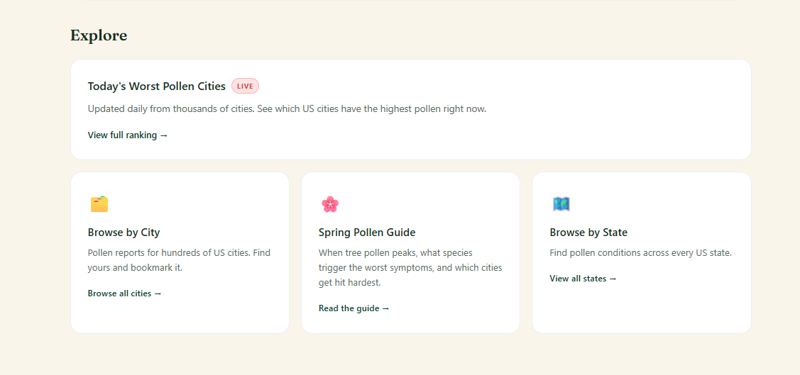 MyPollenPal explore section: today's worst pollen cities updated live, plus browse by city and state.